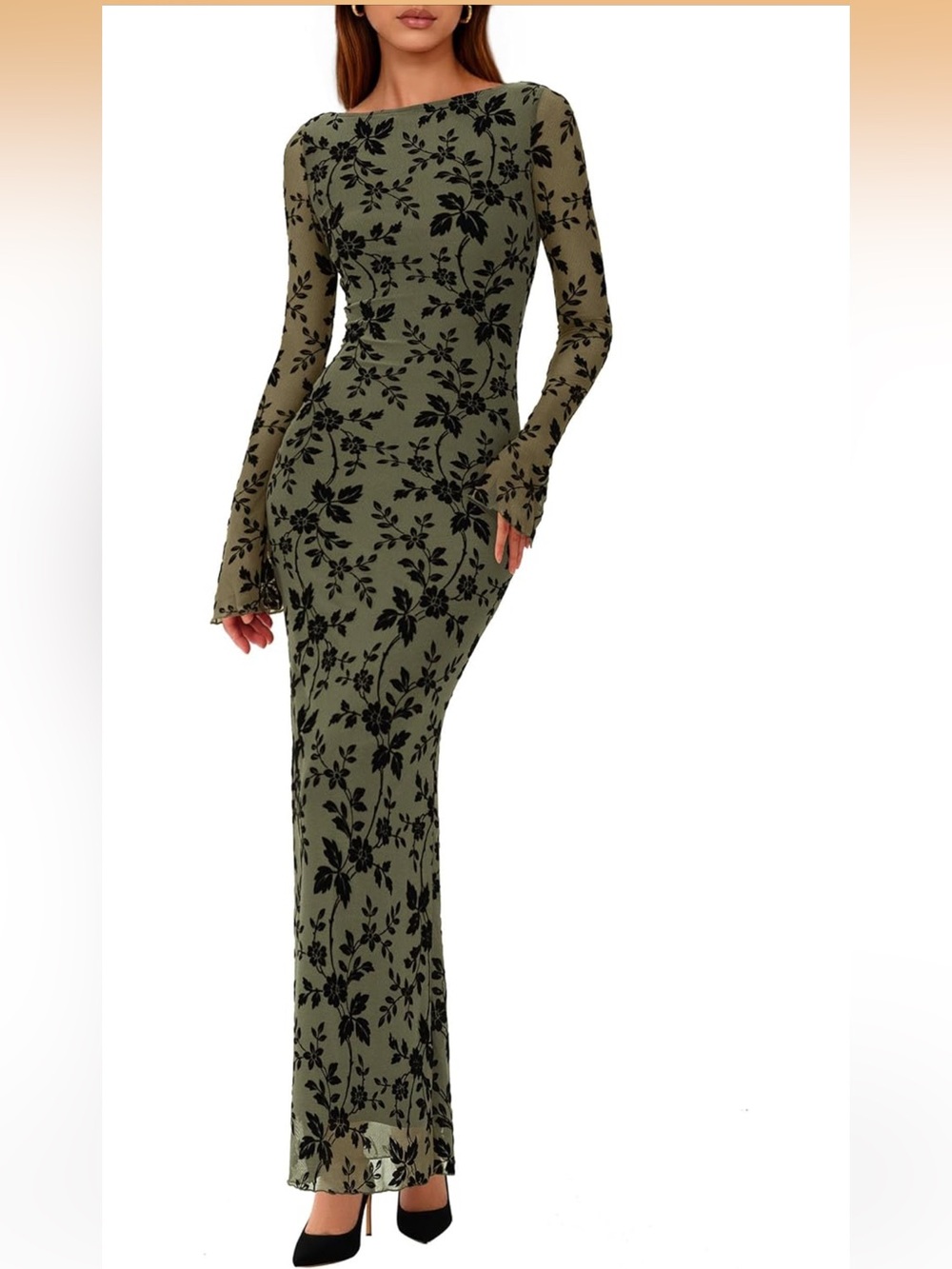 Olive Green Long Sleeve Floral Bodycon Maxi Dress